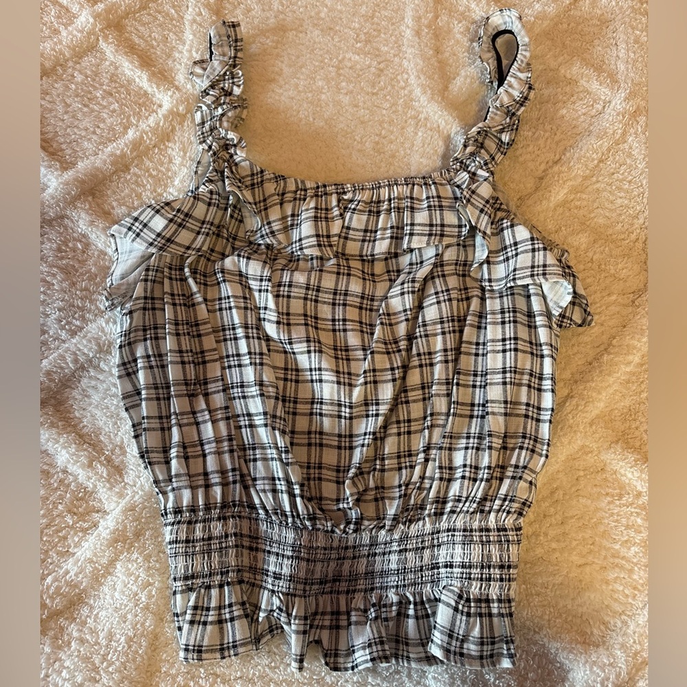 Juniors Black/White Plaid Ruffle Tank Top